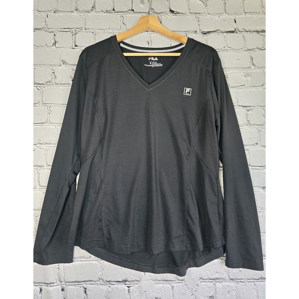 Fila Sport Womens V-Neck Black Long Sleeve Tshirt Size Extra Large